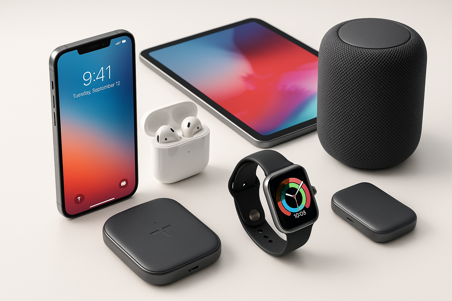 Collection of Apple devices including iPhone, iPad, AirPods, and smartwatch on a white background